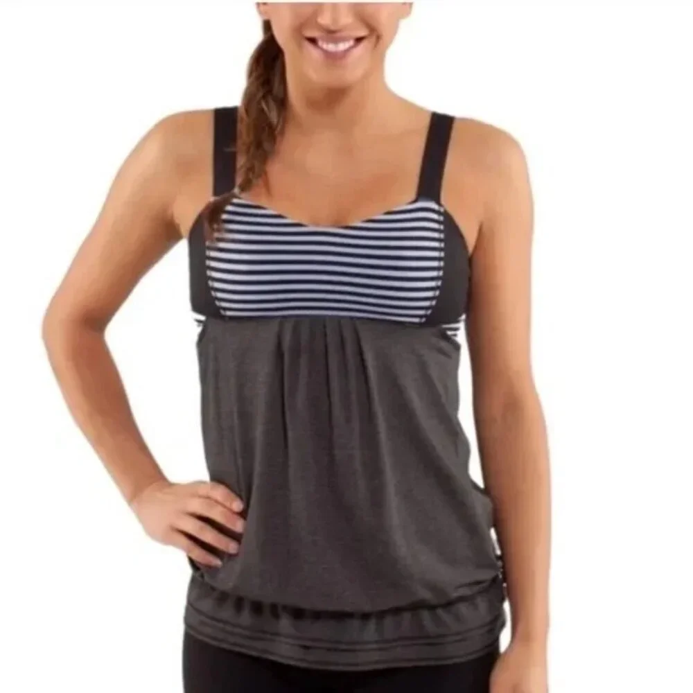 Lululemon Run Back On Track Tank Built in‎ Bra Blue Heathered Gray Drawstring 6